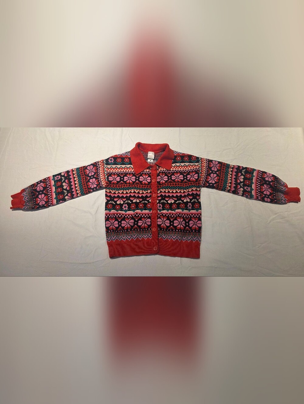 Hanna Andersson Red Fair Isle Cardigan Sweater Sz 12 150cm 100% Cotton